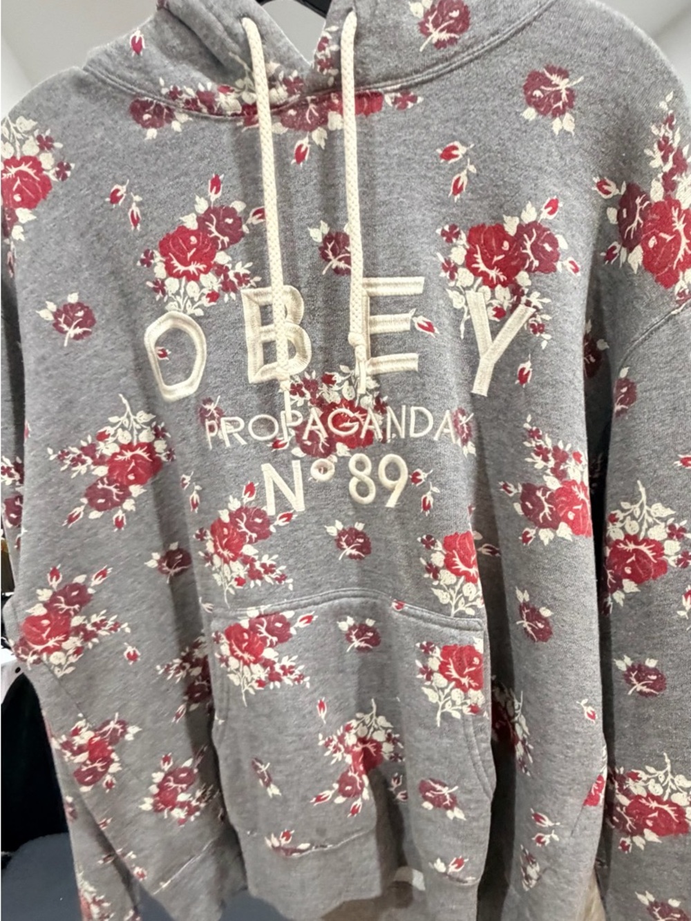 Obey Gray Hoodie with Red and Cream Floral Accents